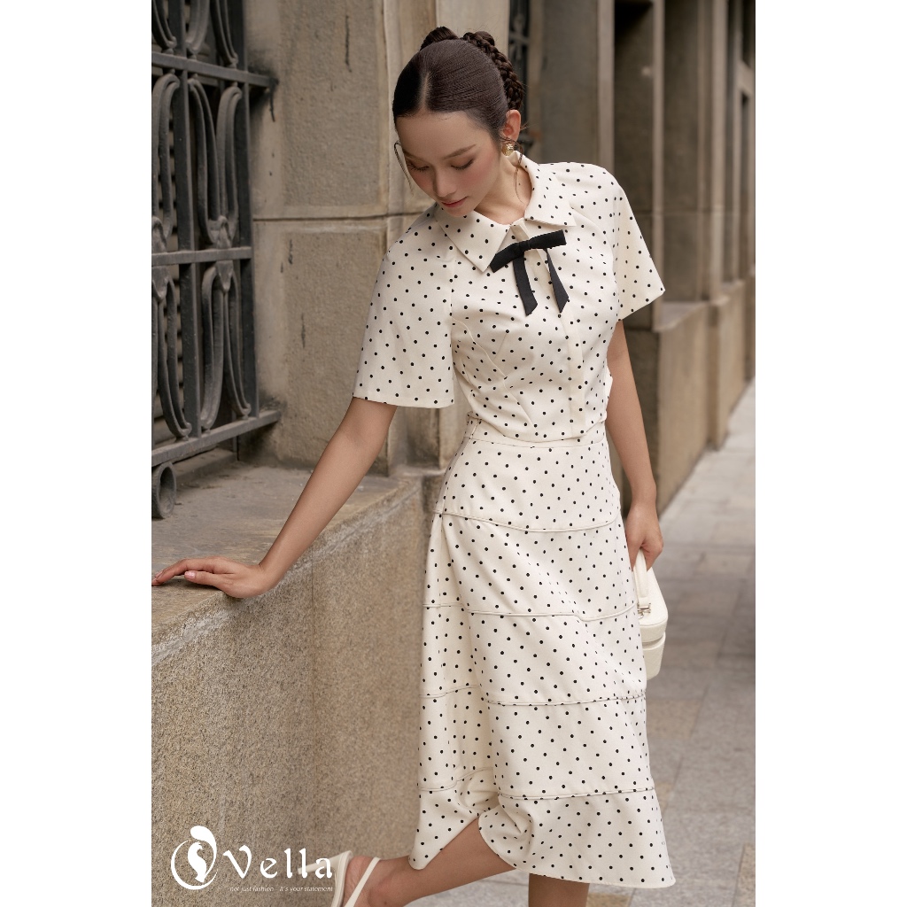 Áo croptop sơ mi nữ tay ngắn chấm bi cài nơ, váy xòe chấm bi Vella Fashion VA25062 & VV25063