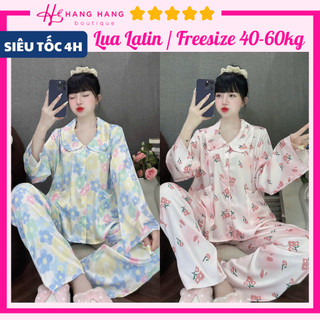 Đồ ngủ nữ 40-60kg, pijama dài tay dài cổ sen dáng rộng lụa latin mịn mát 60DD57, đồ bộ nữ đồ mặc nhà hoạt hình dễ thương