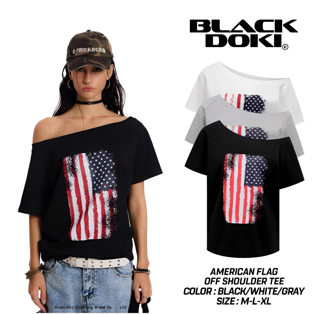 BLACKDOKI Áo thun trễ vai AMERICAN FLAG , áo phông nữ cá tính 245gsm cotton oversize womanwear