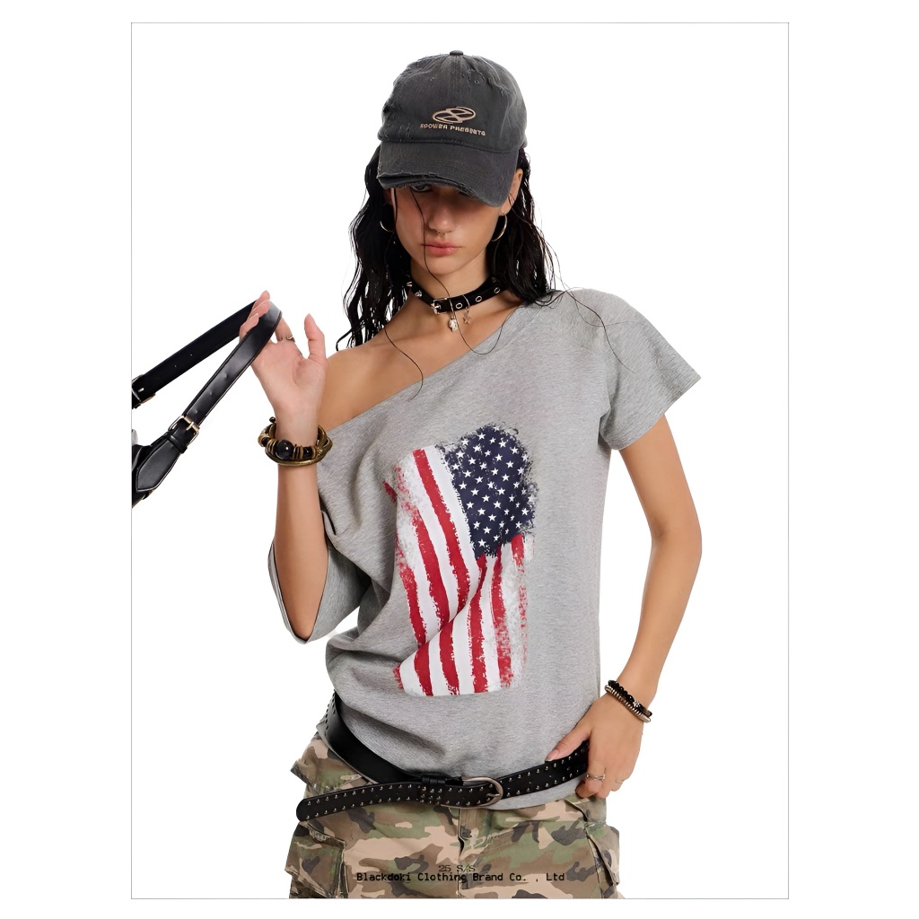 BLACKDOKI Áo thun trễ vai AMERICAN FLAG , áo phông nữ cá tính 245gsm cotton oversize womanwear