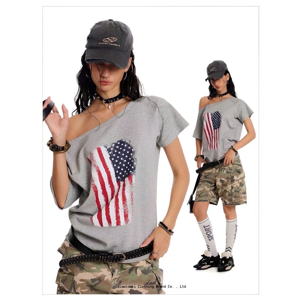 BLACKDOKI Áo thun trễ vai AMERICAN FLAG , áo phông nữ cá tính 245gsm cotton oversize womanwear