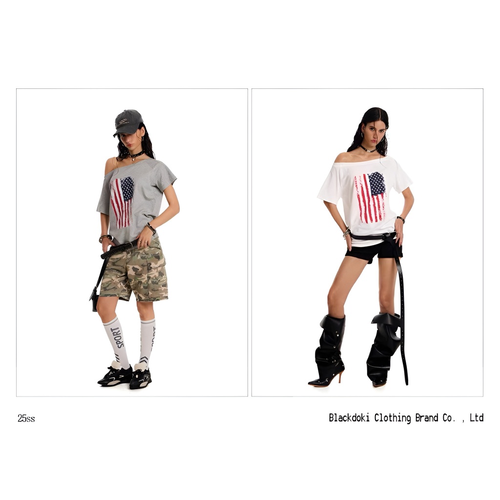 BLACKDOKI Áo thun trễ vai AMERICAN FLAG , áo phông nữ cá tính 245gsm cotton oversize womanwear