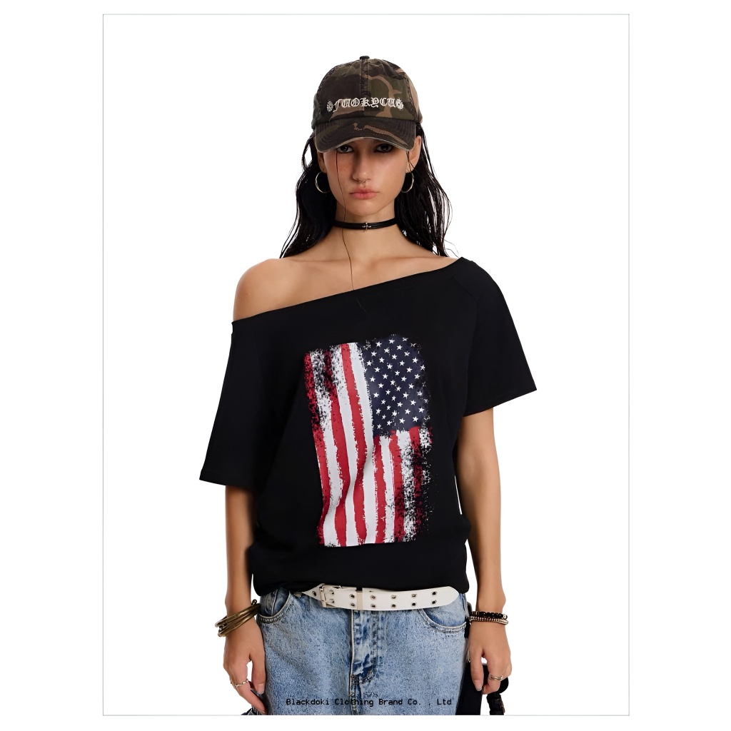 BLACKDOKI Áo thun trễ vai AMERICAN FLAG , áo phông nữ cá tính 245gsm cotton oversize womanwear