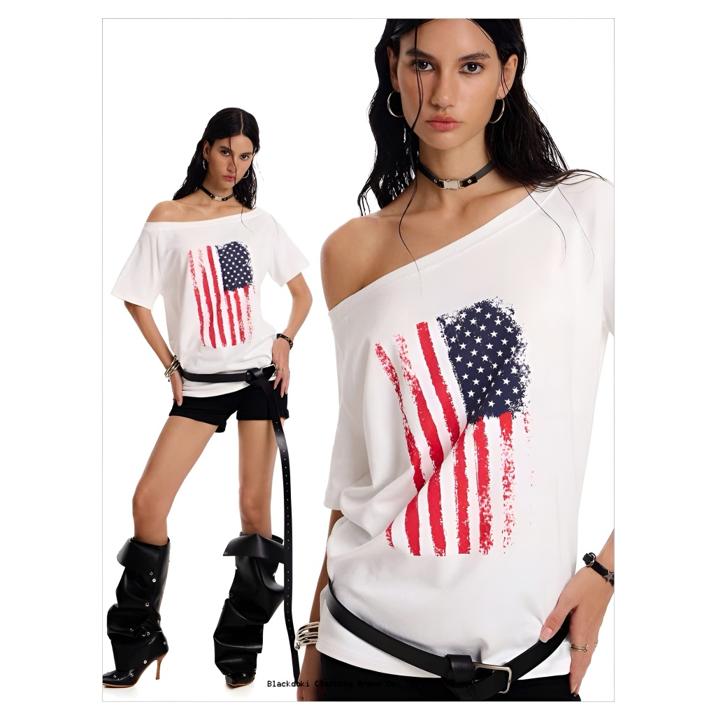 BLACKDOKI Áo thun trễ vai AMERICAN FLAG , áo phông nữ cá tính 245gsm cotton oversize womanwear