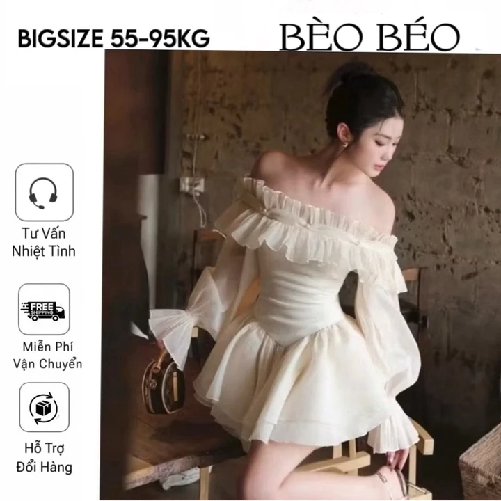 VÁY TRỄ VAI TIỂU THƯ NÚT NGỌC TƠ HÀN TAY BỒNG DÁNG VÁY XOÈ FORM BIGSIZE 55-90KG
