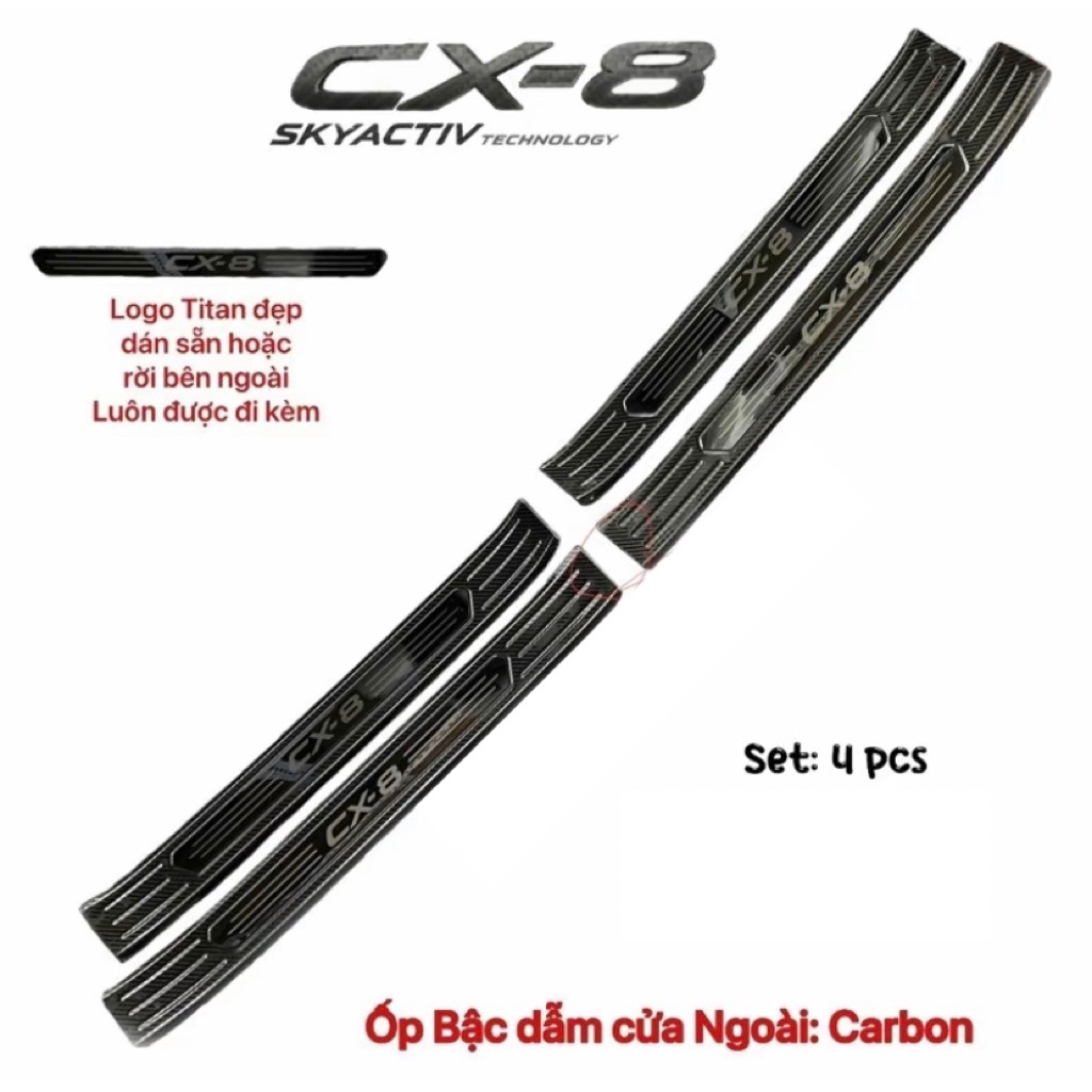 Ốp bậc cửa, nẹp bước chân xe Mazda CX8 2018-2025 vân  Carbon hàng cao cấp