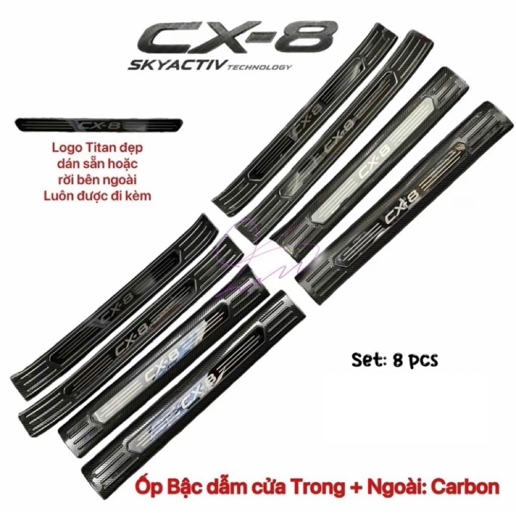 Ốp bậc cửa, nẹp bước chân xe Mazda CX8 2018-2025 vân  Carbon hàng cao cấp