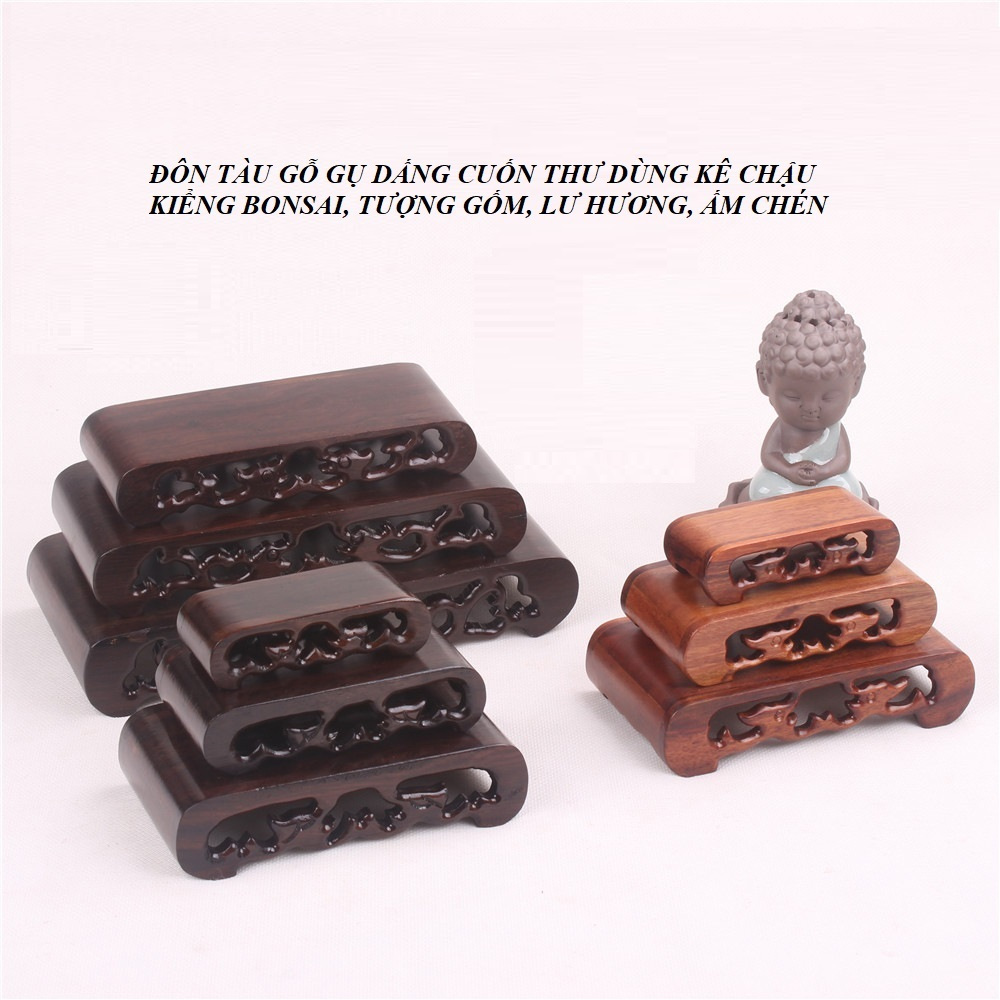 Đôn Tầu Bằng Gỗ Gụ Dáng Cuốn Thư Dùng Kê Ấm Chén Trà, Lư Hương, Chậu Cây Bonsai Với Nhiều Kích Thước