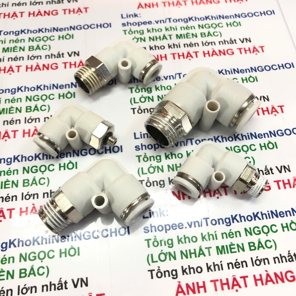 ẢNH THẬT Đầu nối góc PL Inox màu trắng loại tốt ren ngoài khí nén, phun ...