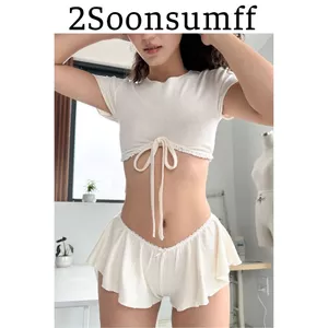 2Soonsumff Set 2 món áo crotop cổ tròn viền ren kèm quần short ngắn ôm body sexy quyến rũ mùa hè retro