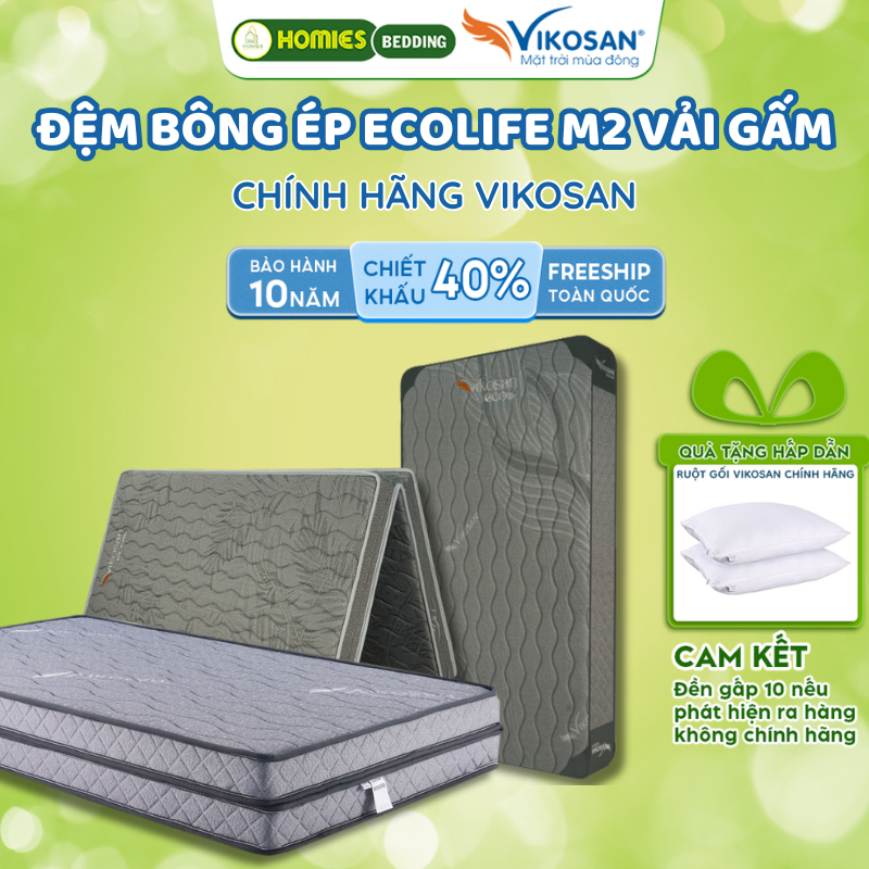 [Tặng Ruột Gối Đầu] Đệm Bông Ép M2 Ecolife Chính Hãng Vikosan, Nệm Bông Tinh Khiết Chống Lún