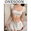 ONESOON Set 2 món áo crotop ngắn tay cổ vuông viền ren kèm chân váy ngắn lưng chun dáng xòe cho nữ