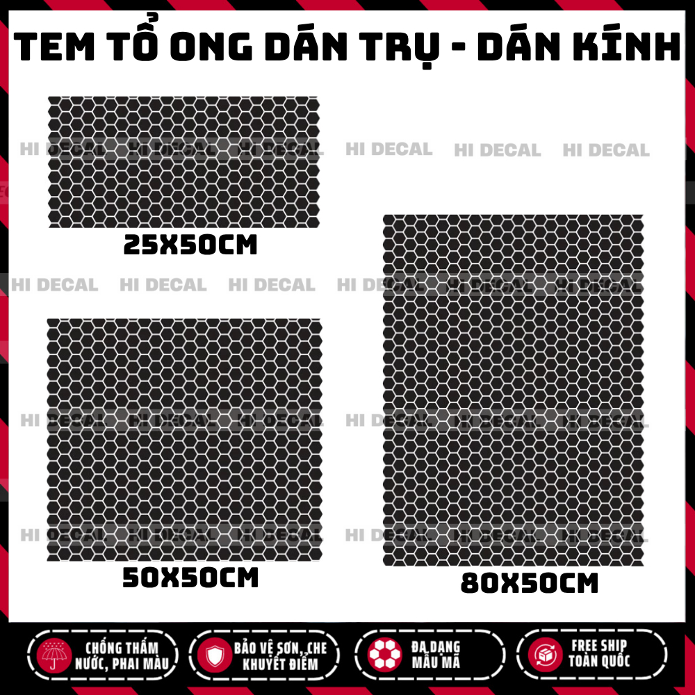 Tem decal cắt  tổ ong đen mờ/ bóng hoạ tiết tổ ong dán trụ bóng/mờ xe hới tem cắt tổ ong dán kính ô tô Hi Decal