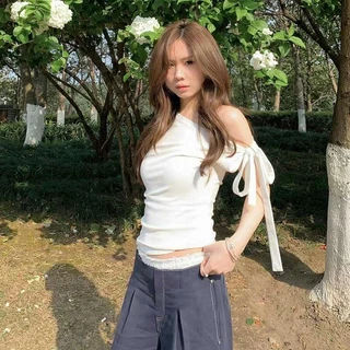 Áo Kiểu Croptop Trễ Vai Kèm Dây Buộc Nơ Nữ Siêu Tôn Dáng