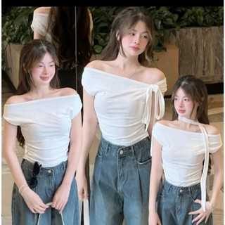 Áo Croptop Kiểu Trễ Vai Kèm Dây Thắt Nơ Xinh Xắn Sang Chảnh
