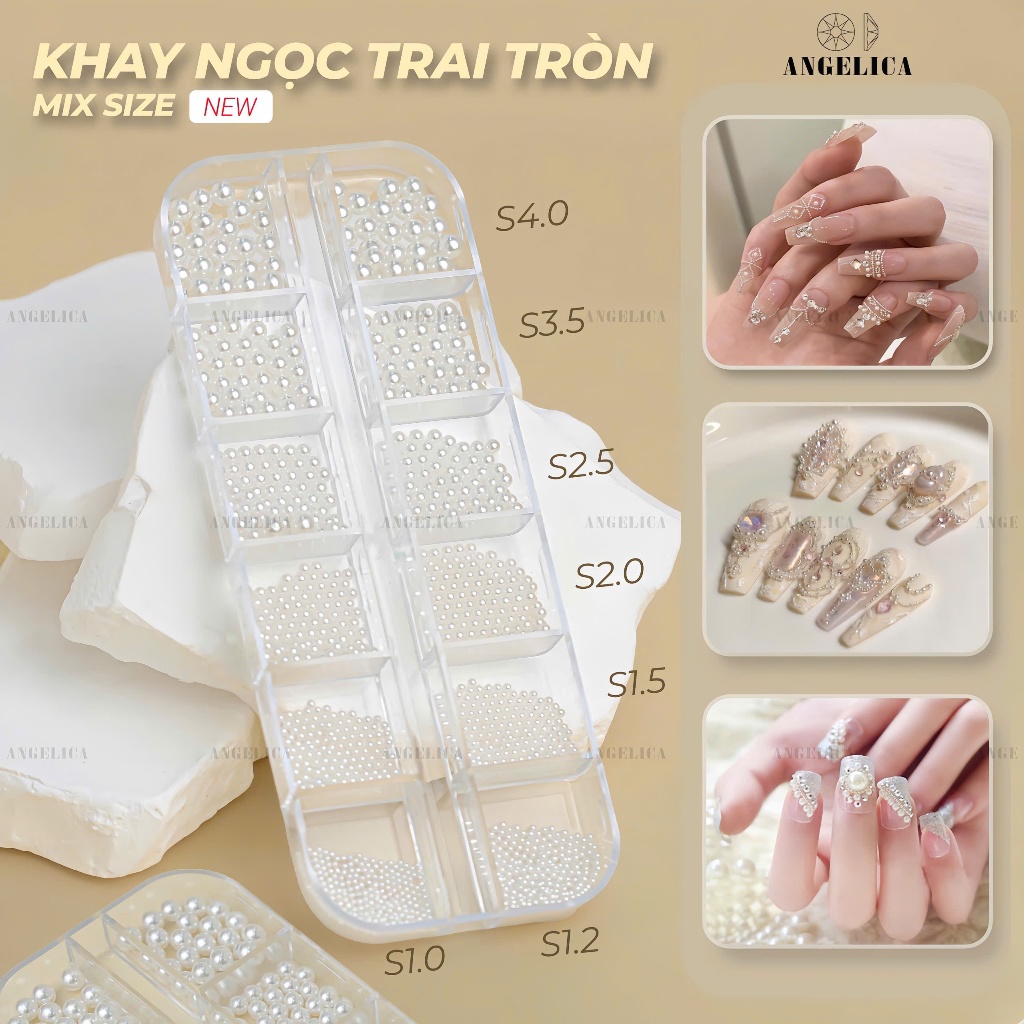 Khay 12 Ô Ngọc Trai Tròn Nail Mix Size Chia Ô Nhân Tạo Cao Cấp Trang Trí Móng ANGELICA  ANH-KTMS