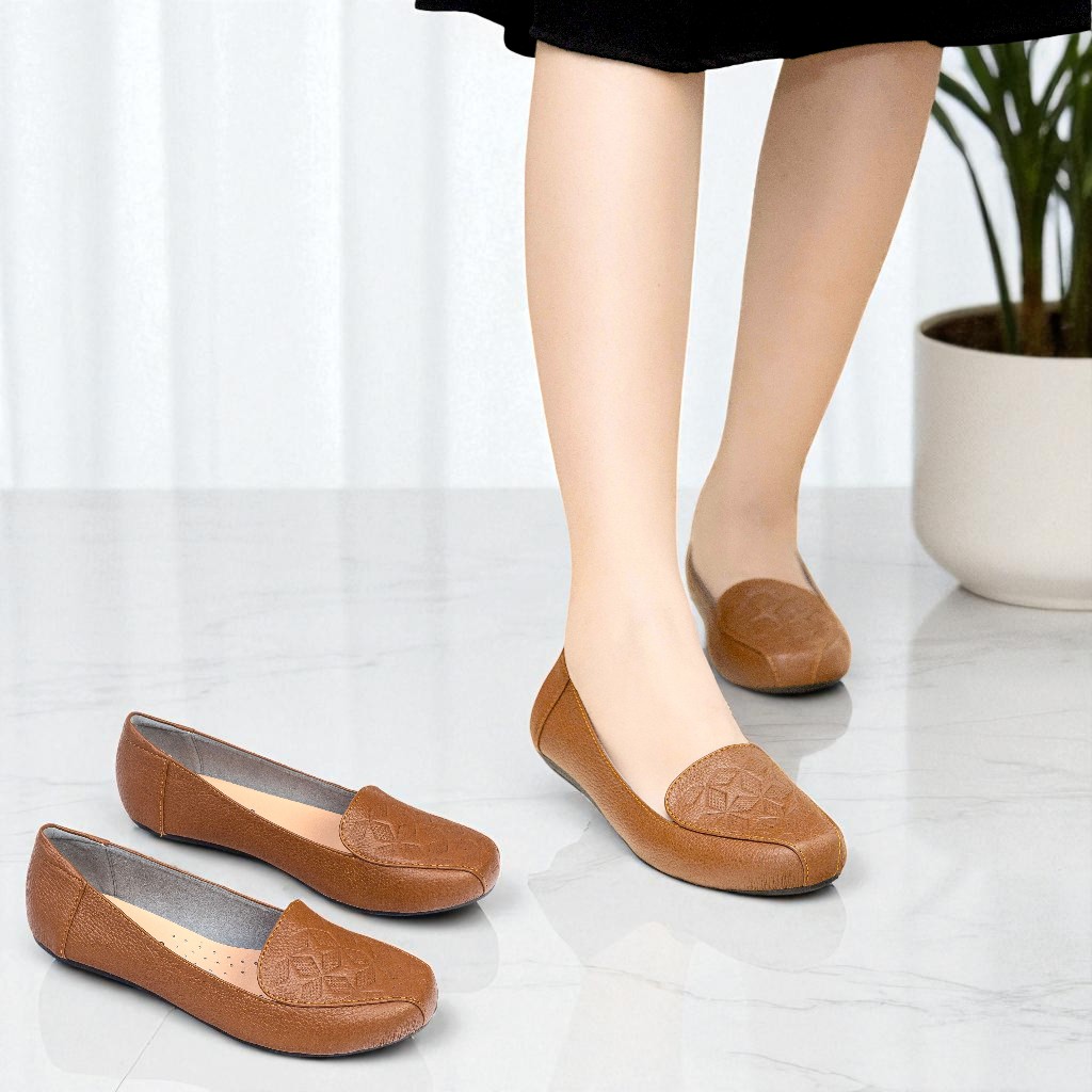 Giày Búp Bê Bệt Da Thật Mũi In Họa Tiết Pixie H177