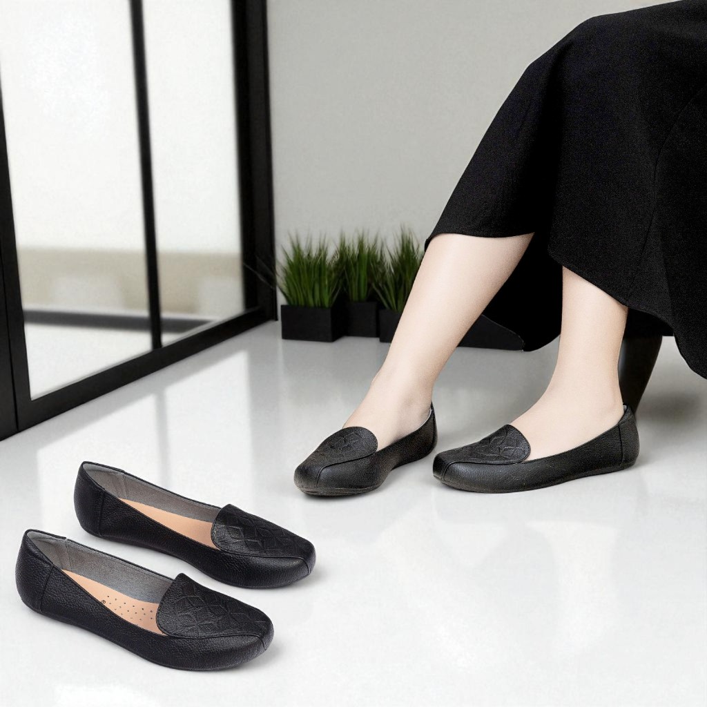 Giày Búp Bê Bệt Da Thật Mũi In Họa Tiết Pixie H177