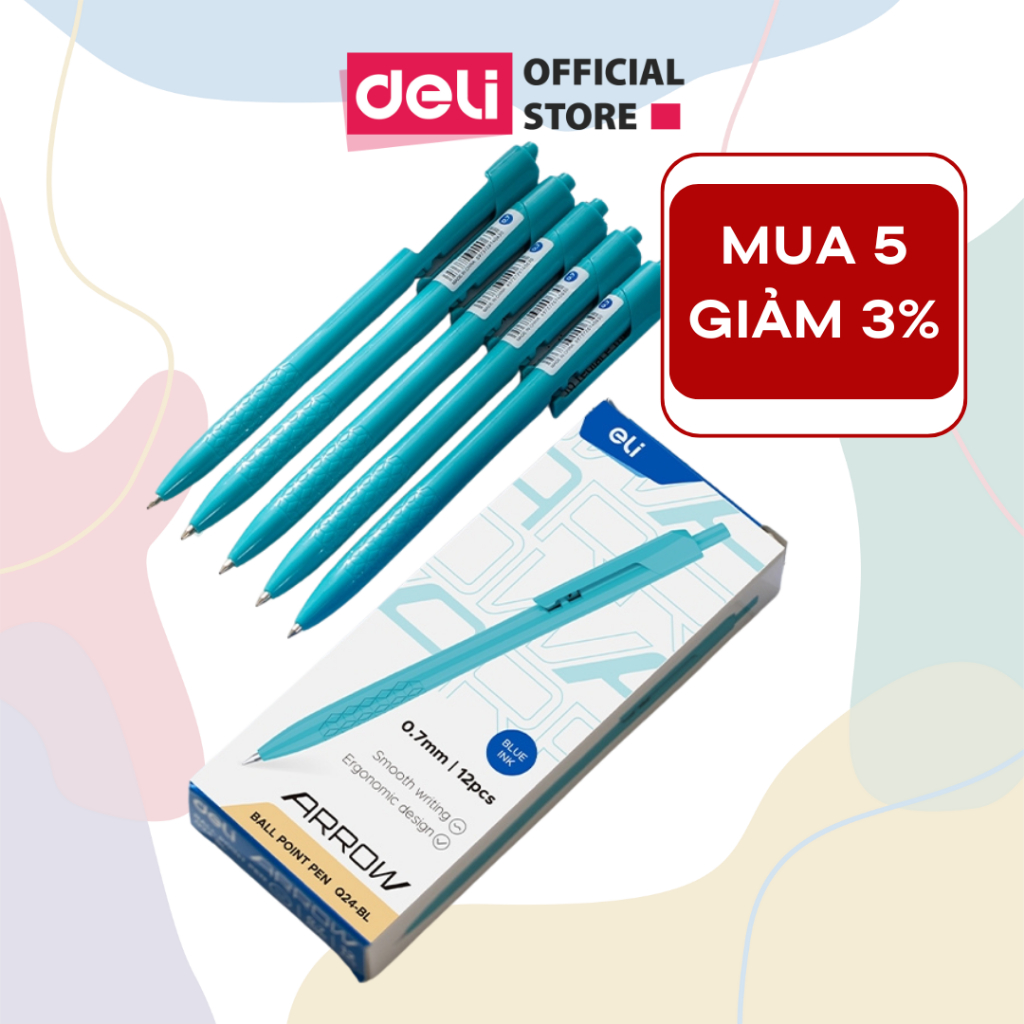 Combo 5/10 Bút Bi Bấm Văn Phòng DELI Mực Xanh Đen Đỏ Ngòi 0.7mm Giá Rẻ Viết Nét Đều Trơn Tru Phù Hợp Cho Học Sinh EQ24