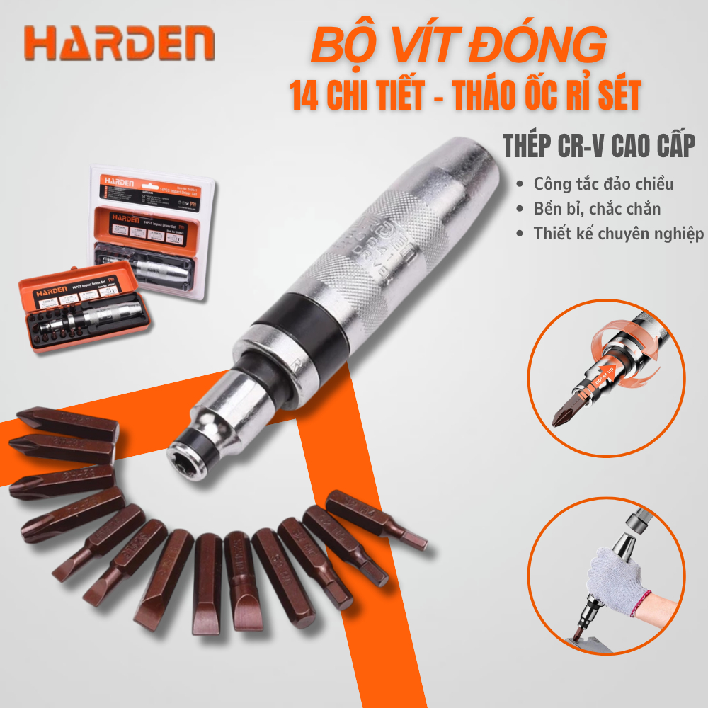 Bộ vít đóng chuyên nghiệp Harden 550641 – 14 chi tiết CR-V, tháo ốc rỉ siêu bền VAT +8%
