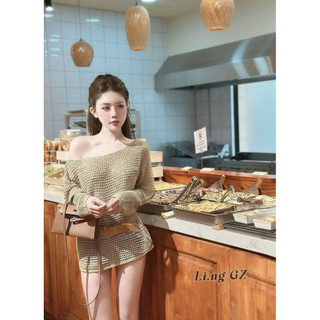 LT - Áo len lưới trễ vai lệch vai nâu tây, tặng kèm đai da siêu sang free size 1143