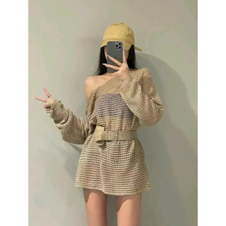 LT - Áo len lưới trễ vai lệch vai nâu tây, tặng kèm đai da siêu sang free size 1143