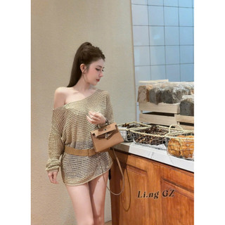 LT - Áo len lưới trễ vai lệch vai nâu tây, tặng kèm đai da siêu sang free size 1143