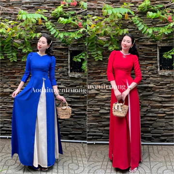 |Áo dài Tuyền Trương| Bộ áo dài xẻ tà tứ thân kèm tag nơ 2 màu