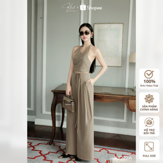 Set áo croptop cổ yếm và quần ống suông rộng Khiết Style tone nâu tây sang chảnh KS222A