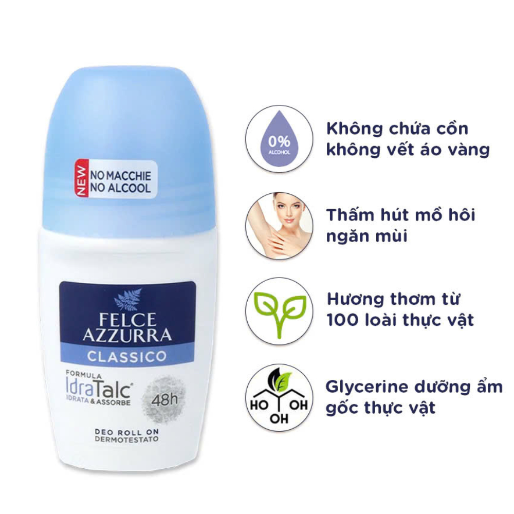 Lăn khử mùi hữu cơ hương nước hoa Ý, không vàng áo - dưỡng da 48 giờ Felce Azzurra - 50ml - NK Ý