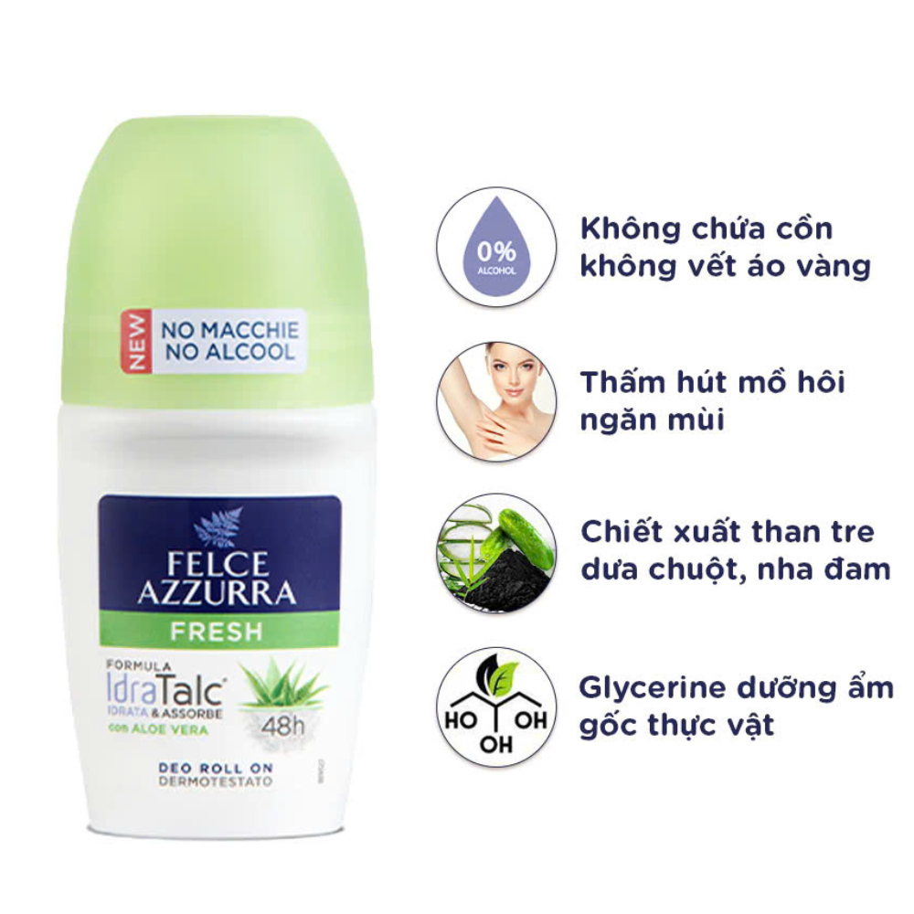 Lăn khử mùi hữu cơ hương nước hoa Ý, không vàng áo - dưỡng da 48 giờ Felce Azzurra - 50ml - NK Ý