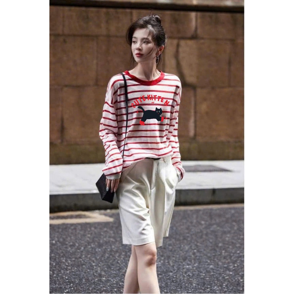 Áo dài tay kẻ sọc Đỏ in hình Vintage JULY FASHION, Áo thun nữ tay dài kẻ sọc chất thun xượt mềm mại, dáng rộng