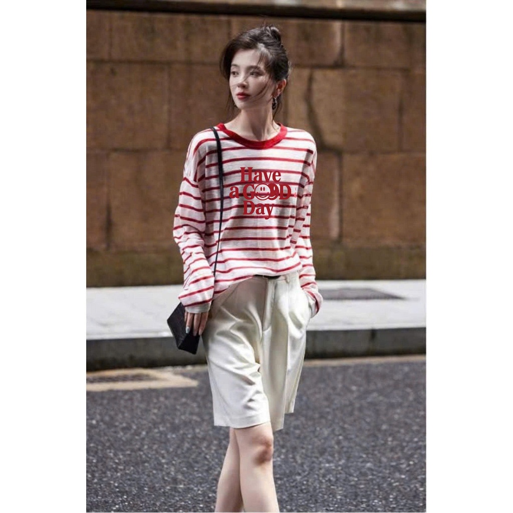 Áo dài tay kẻ sọc Đỏ in hình Vintage JULY FASHION, Áo thun nữ tay dài kẻ sọc chất thun xượt mềm mại, dáng rộng