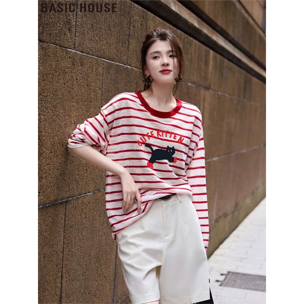 Áo dài tay kẻ sọc Đỏ in hình Vintage JULY FASHION, Áo thun nữ tay dài kẻ sọc chất thun xượt mềm mại, dáng rộng