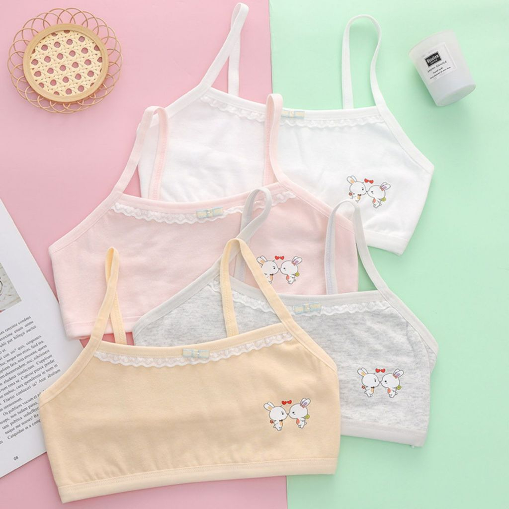 COMBO 3 Áo lót học sinh cotton dày dặn, Áo lá thấm hút họa tiết viền ren in thỏ xinh xắn LANIXA B538
