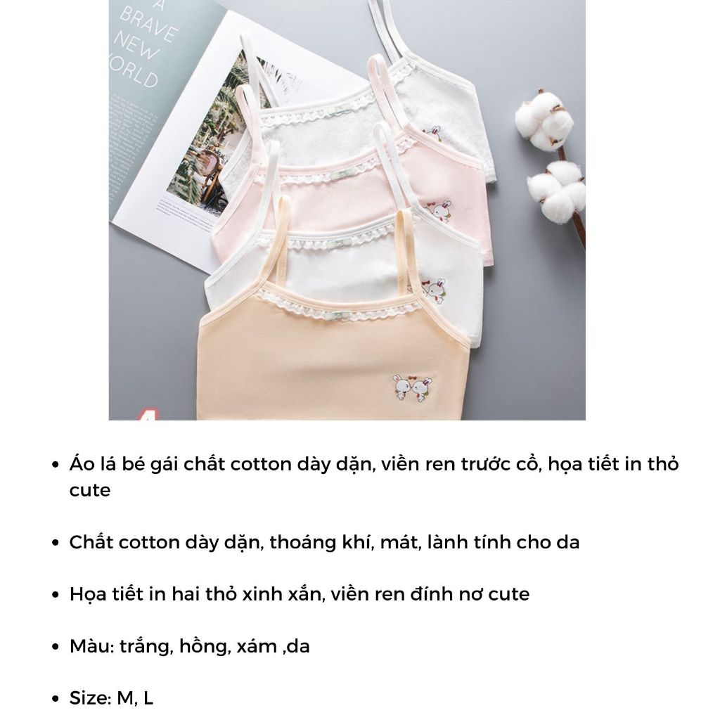 COMBO 3 Áo lót học sinh cotton dày dặn, Áo lá thấm hút họa tiết viền ren in thỏ xinh xắn LANIXA B538