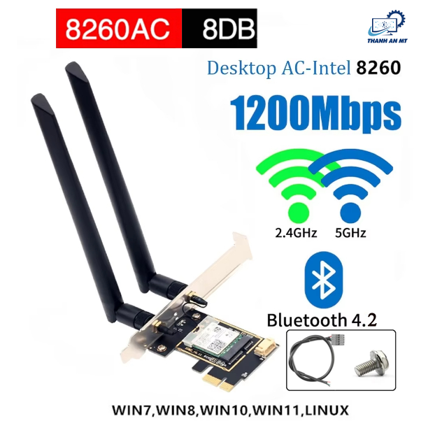 Bộ card Wifi 5 Intel AC 8260 lắp PCIE X1/4/16 cho Laptop PC băng tần ...