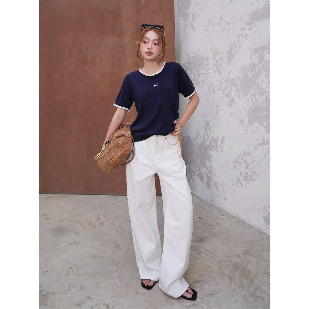 Quần jeans trắng ống rộng Marcus Miều Est.2013 lưng cao form suông basic chất dày đứng dáng