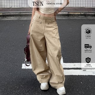 TSUN - Quần Balloon Cạp Cao Dáng Rộng Màu Be, Oversize - Vải Dập Nổi 3D -Túi Sau Nhún Bèo-Streetwear