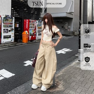 TSUN - Quần Balloon Cạp Cao Dáng Rộng Màu Be, Oversize - Vải Dập Nổi 3D -Túi Sau Nhún Bèo-Streetwear