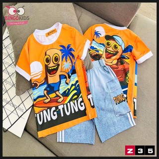 Set đồ bộ thun lạnh bé trai in 3D thể thao có hình tung tung tung sahur cho bé từ 10 đến 45kg