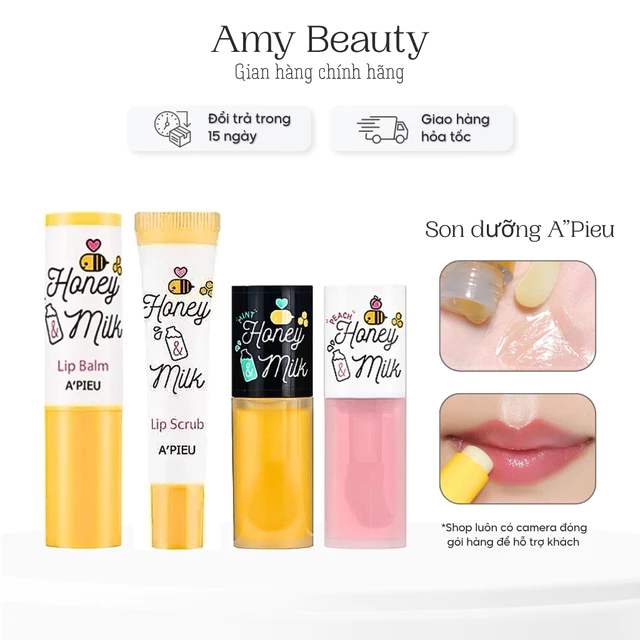 Bộ Son Dưỡng Môi Mật Ong A'pieu Apieu Honey & Milk Lip Balm / Lip Scrub / Lip Oil / Lip Sleeping Pack