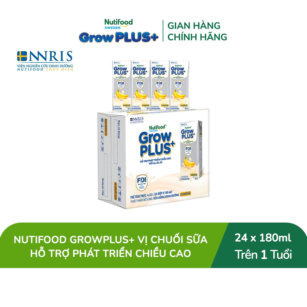 [Livestream Hannah Olala] Thùng 24 hộp Sữa bột pha sẵn Nutifood Sweden GrowPLUS+ Vị Chuối Sữa hộp 180ml - Trên 1 tuổi