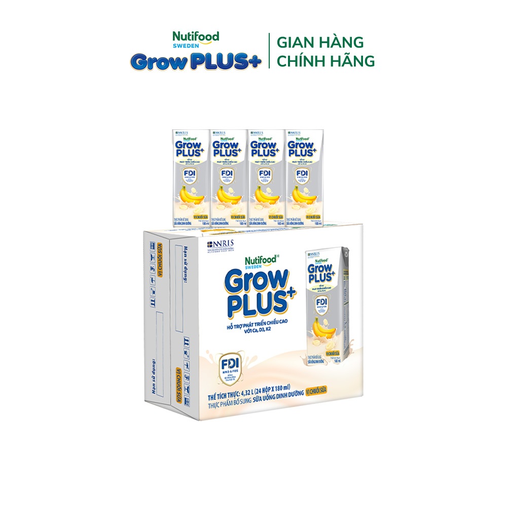 [Livestream Hannah Olala] Thùng 24 hộp Sữa bột pha sẵn Nutifood Sweden GrowPLUS+ Vị Chuối Sữa hộp 180ml - Trên 1 tuổi