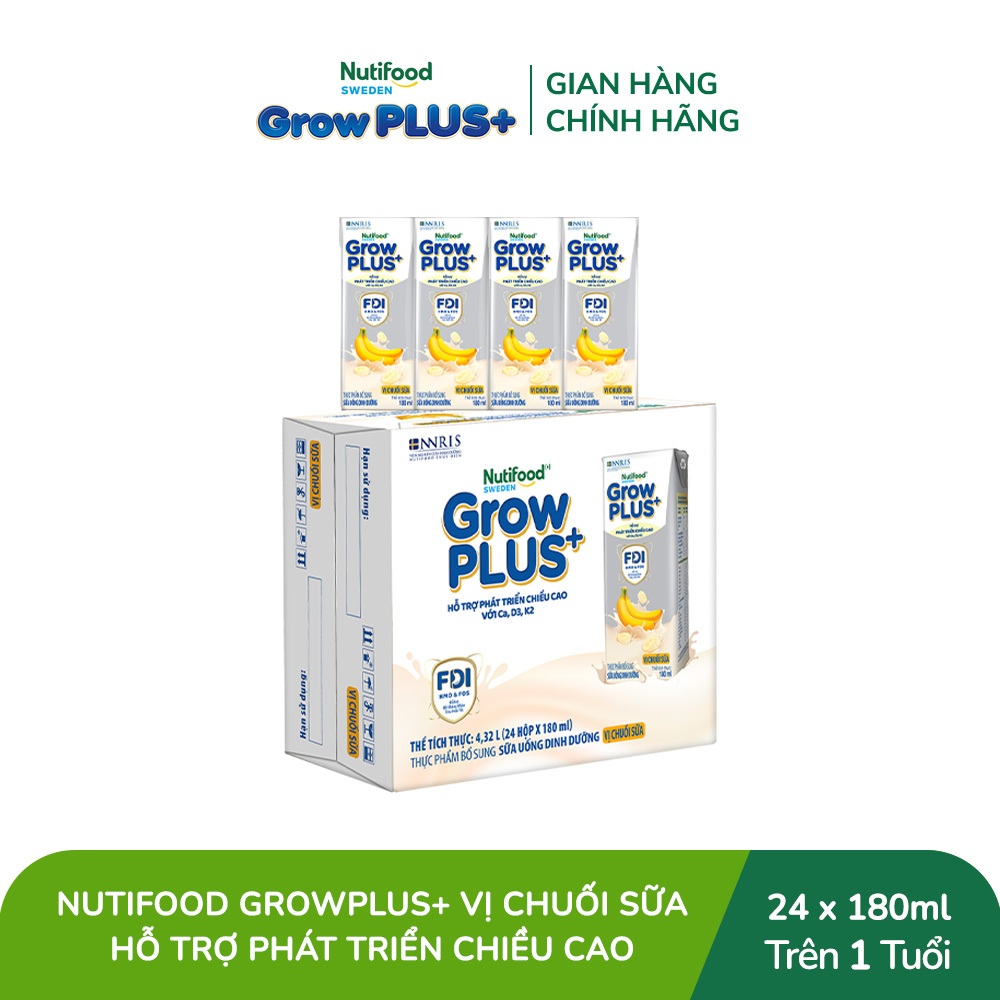 [Livestream Hannah Olala] Thùng 24 hộp Sữa bột pha sẵn Nutifood Sweden GrowPLUS+ Vị Chuối Sữa hộp 180ml - Trên 1 tuổi