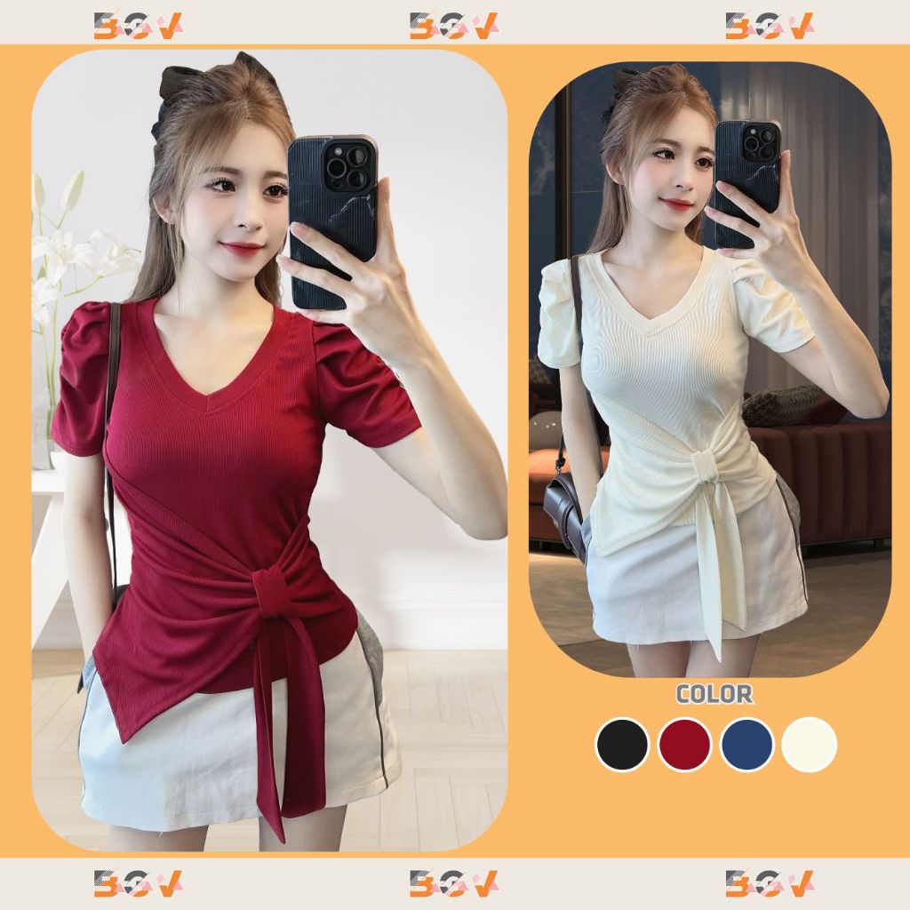 Áo cổ tim vạt chéo thắt dây nơ tôn eo hack dáng