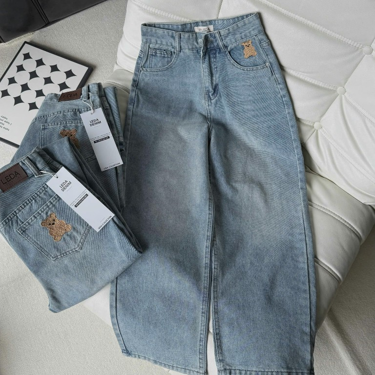 Quần Jean Ống Suông THÊU GẤU Nữ LEDA Quần Bò Rin Ống Rộng 9 Tấc Nấm Lùn 1m50 Dài 88cm