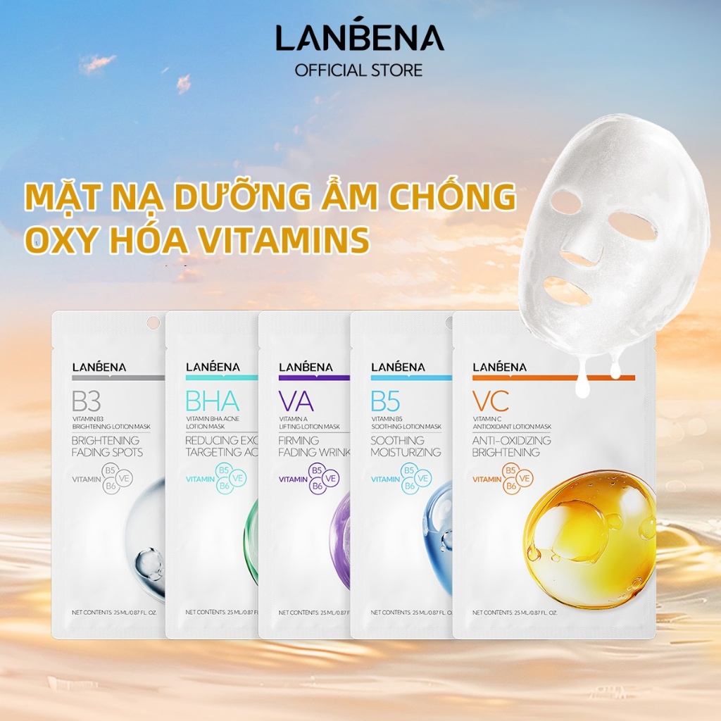 LANBENA Mặt nạ dưỡng da Vitamin C (3 miếng) - Chiết xuất thực vật, dưỡng ẩm, làm trắng, chống lão hóa.Skincare