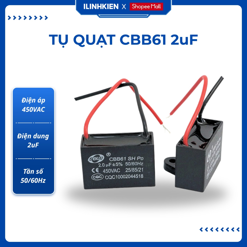 Tụ quạt điện, tụ quạt senko 450V 2uF dây CBB61 senju chất lượng cao ilinhkien.