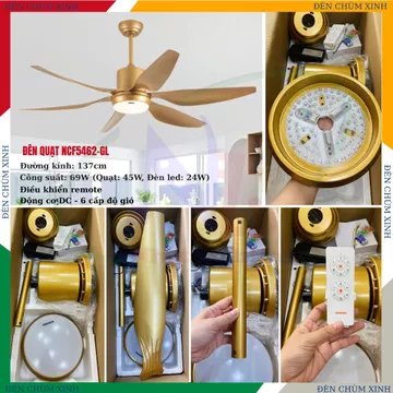 [ ĐÈN CHÙM XINH ] ĐÈN QUẠT, QUẠT TRẦN ĐIỀU KHIỂN REMOTE NCF5462-GL CHÍNH HÃNG NANOCO